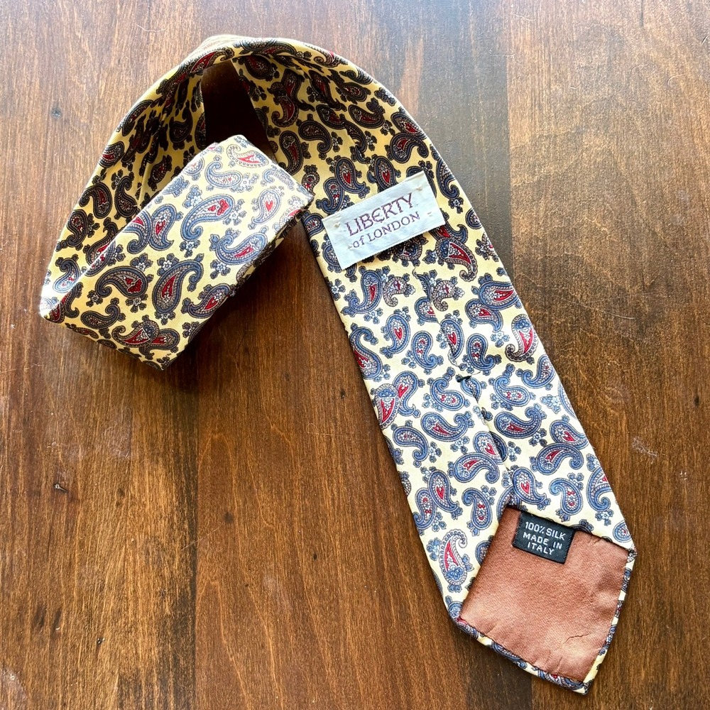 VTG Liberty of London Mens Silk Tie Paisley Yellow Blue Red Italian Made Necktie